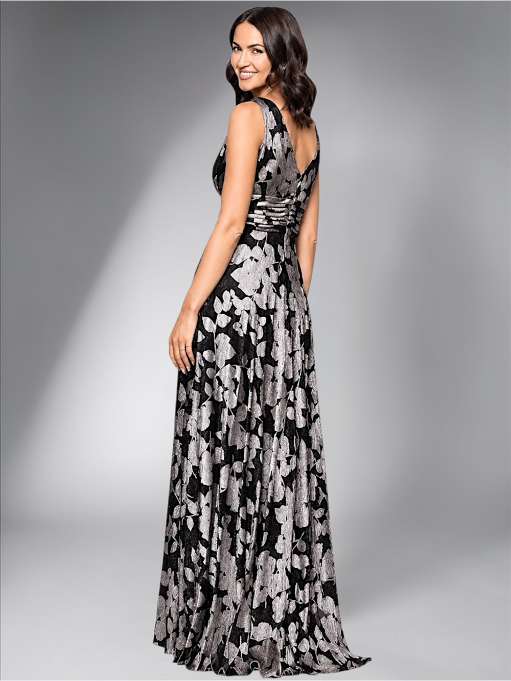 BA Nites Foil Crinkle V-Neck Evening Gown - Picture 15 of 16